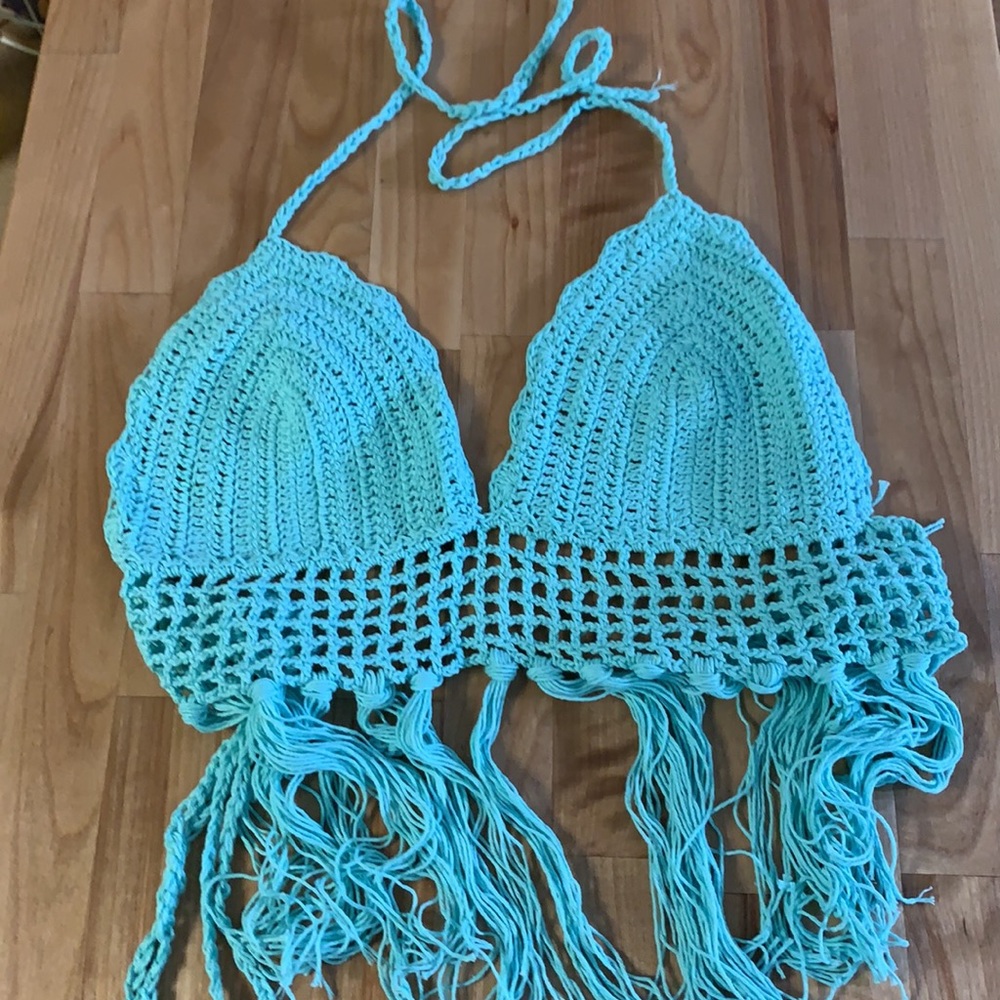 Mint Blue Fringe Hem Crochet Tie Top - Picture 7 of 13